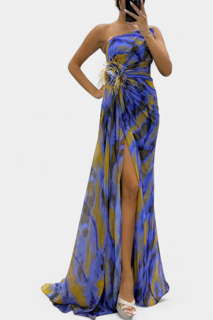Blanka Maxi Asimetrična Haljina s Vibrantnim Uzorkom