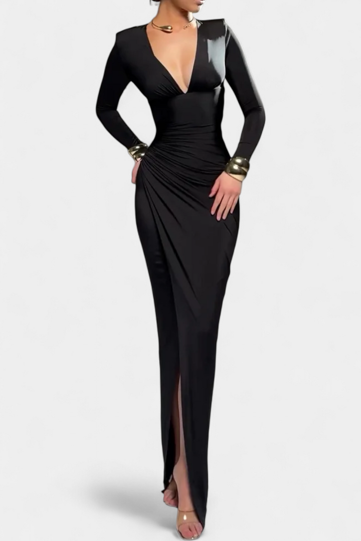 Jelena Haljina s Dugim Rukavima i Dubokim V Izrezom