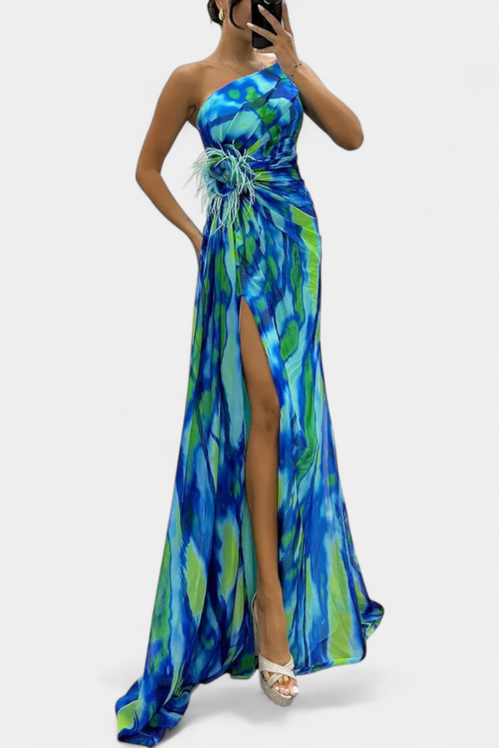 Blanka Maxi Asimetrična Haljina s Vibrantnim Uzorkom