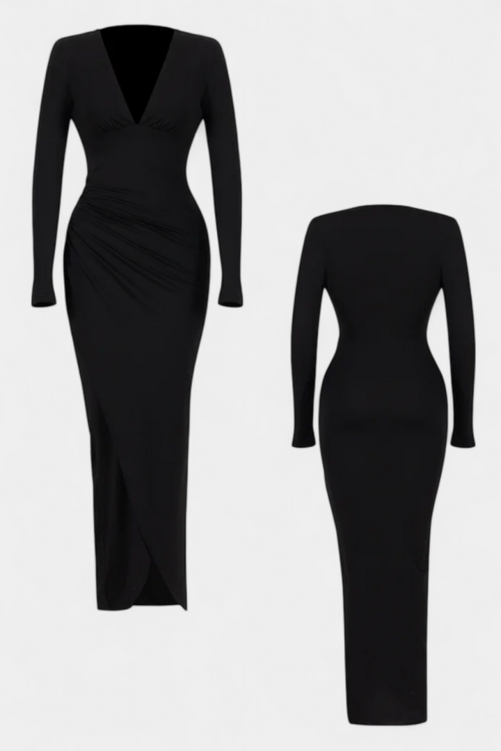 Jelena Haljina s Dugim Rukavima i Dubokim V Izrezom